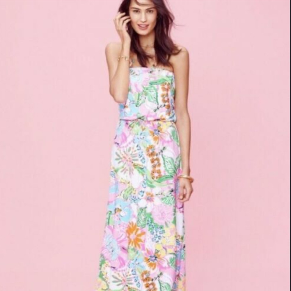 Lilly For Target Women’s Maxi Dress Nosey Posey Medium Strapless Vacation Floral - Picture 6 of 6